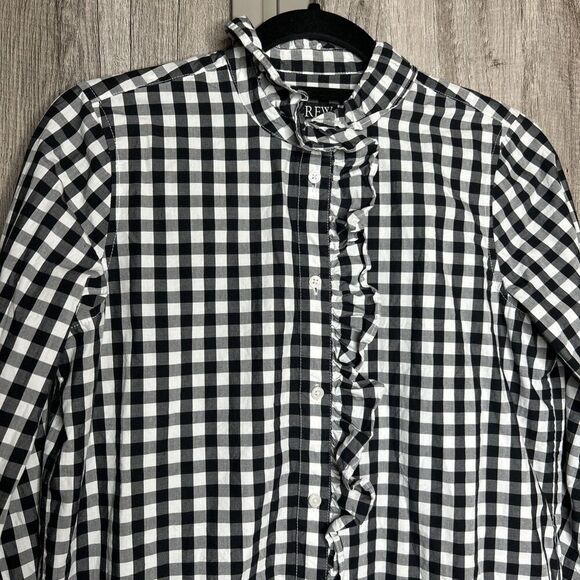 J Crew Gingham Button Up Shirt Black White Checkered Ruffle Trip Size 2 - Picture 3 of 7